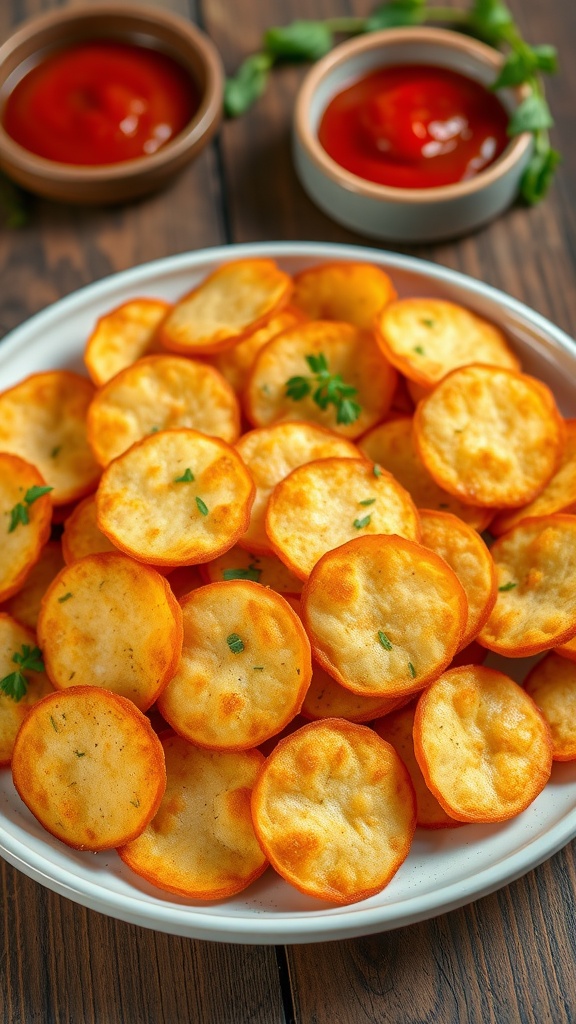 Crispy and Cheesy Parmesan Cheese Crisps Recipe Delicious golden Parmesan cheese crisps garnished with herbs on a rustic wooden table with marinara sauce.